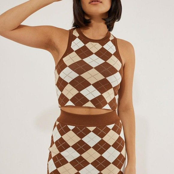 Womens Matching Set Outfit Tank Skirt Mini Size XS Brown Ivory Diamond Stretch - Picture 2 of 16